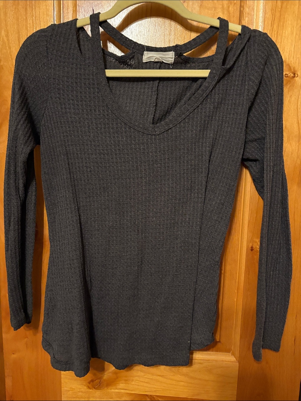 Women's Black Waffle-Knit Long Sleeve Top